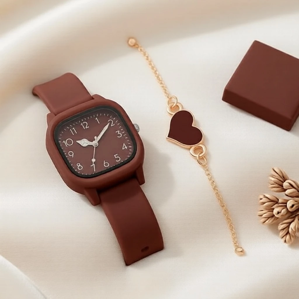2 peças de relógios de moda feminina com pulseira de silicone e bracelete em formato de coração (sem caixa) — imagem 1