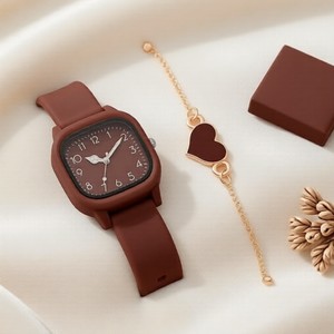 2 peças de relógios de moda feminina com pulseira de silicone e bracelete em formato de coração (sem caixa)
