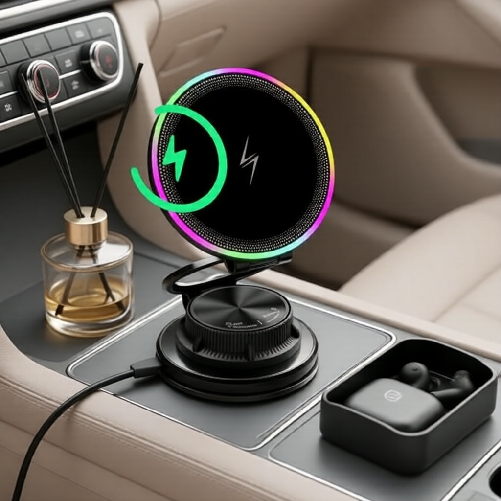 Suporte Magnético para Carro com Carregamento Sem Fio 15W - Rotação 360° com Luz RGB