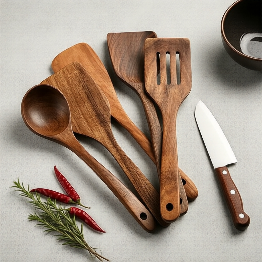 Conjunto de 5 Utensílios de Cozinha em Madeira Ecológicos, Colher/Espátula/Ralador Resistente ao Calor e Antiaderente,