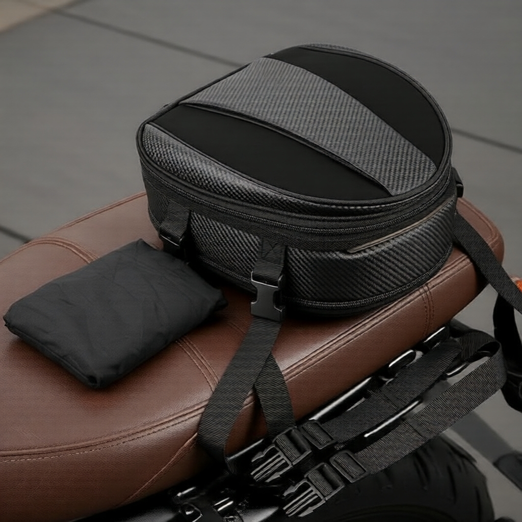 Bolsa de assento traseiro expansível impermeável para motocicleta - capacete refletivo e bagagem traseira com tira de