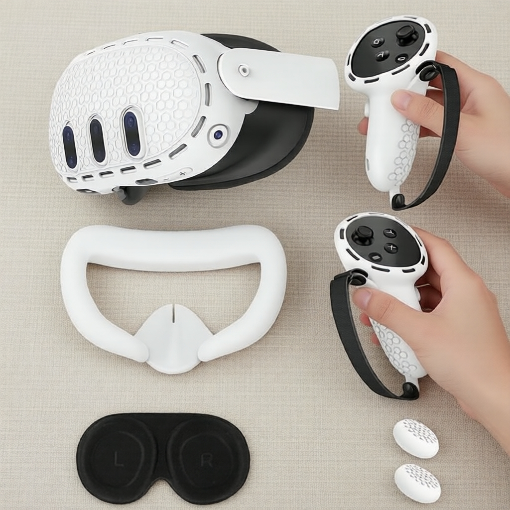 Kit Completo de Acessórios em Silicone para Meta Quest 3: Capa de Silicone, Máscara Facial, Protetores de Grip, Tampas