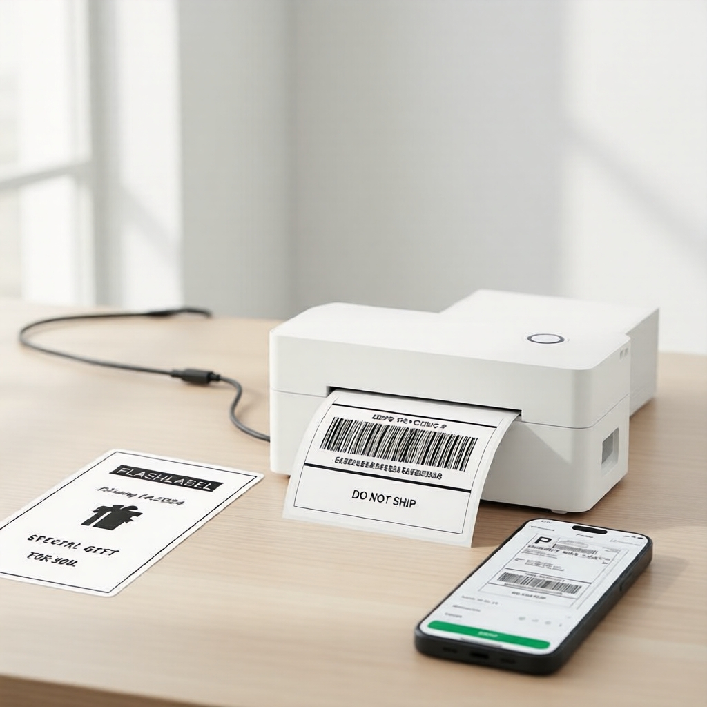 Mini impressora térmica branca portátil - Bluetooth, para etiquetas de pacotes e encomendas, inclui 1 rolo de etiquetas