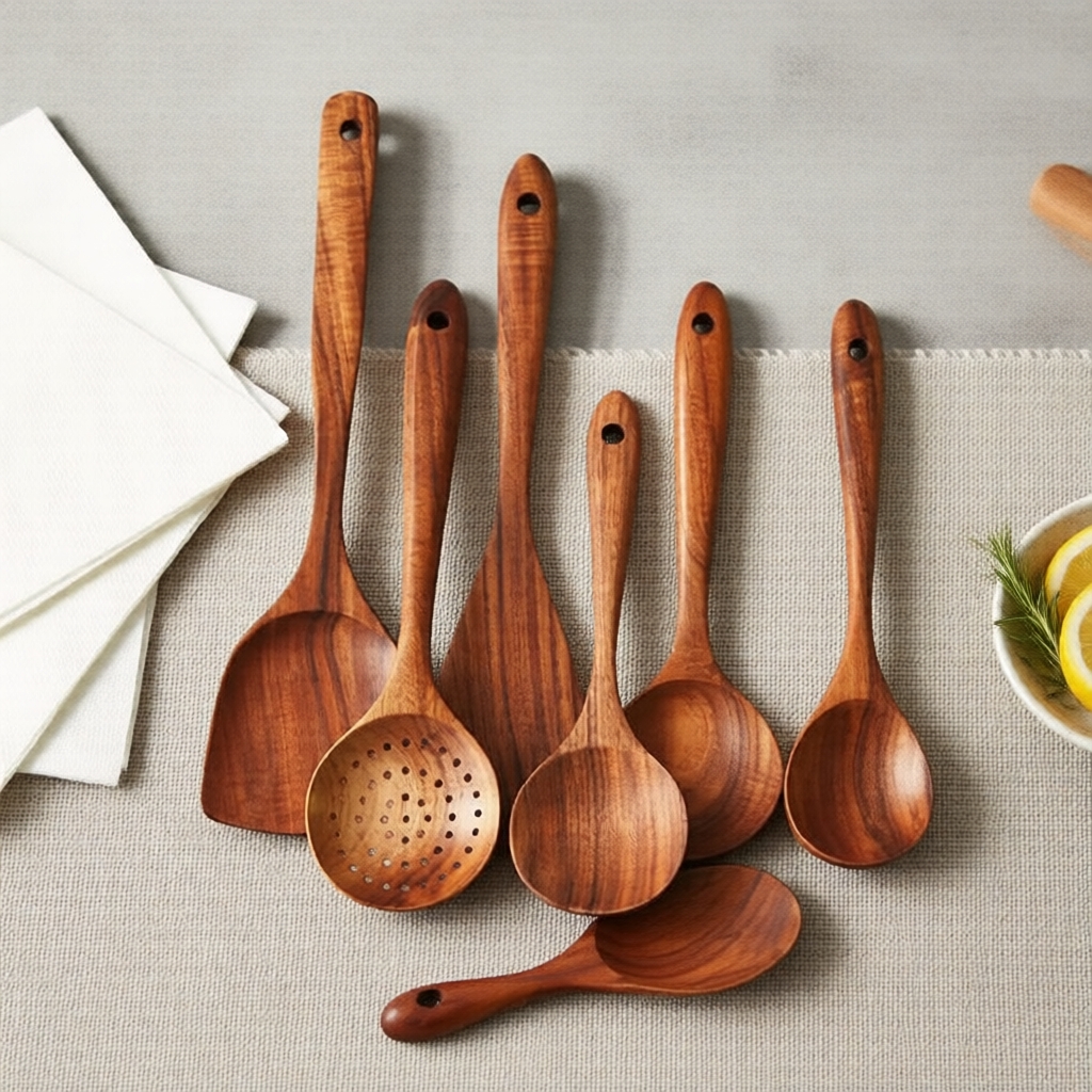 Conjunto de 7 utensílios de cozinha em madeira natural, espátulas e colheres antiaderentes resistentes ao calor para