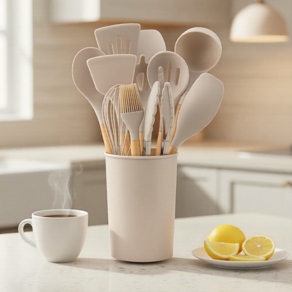 Utensílios de Cozinha de Silicone de 12 Peças - Resistente ao Calor até 230°C, Livre de BPA, Com Cabos de Toque Madeira