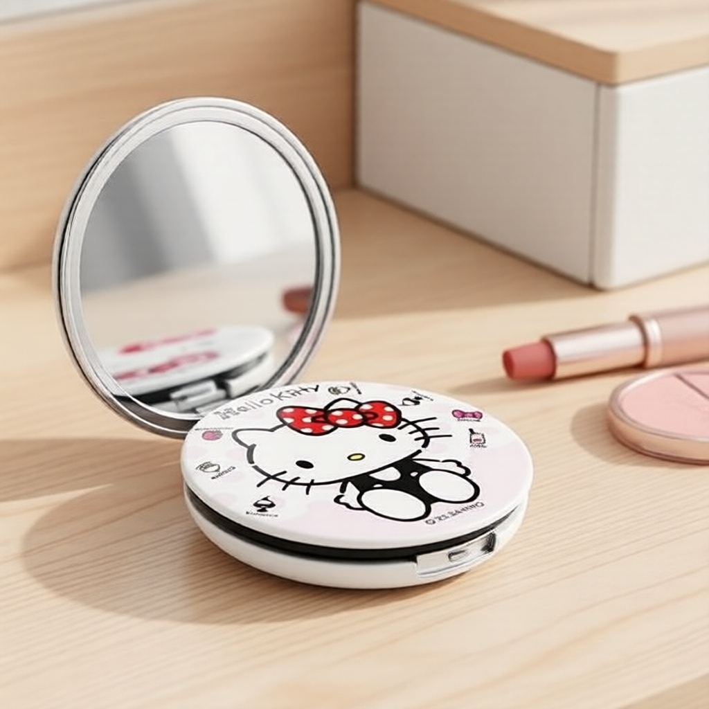 MINISO Espelho de bolso dobrável dupla face clássico Hello Kitty da Sanrio 7x7x1cm vermelho rosa
