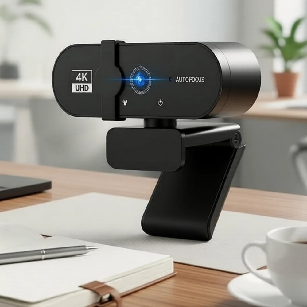 Câmera Web 4K para PC e Notebook com Microfone, Foco Automático e Correção de Luz, Tampa de Privacidade, Plug & Play