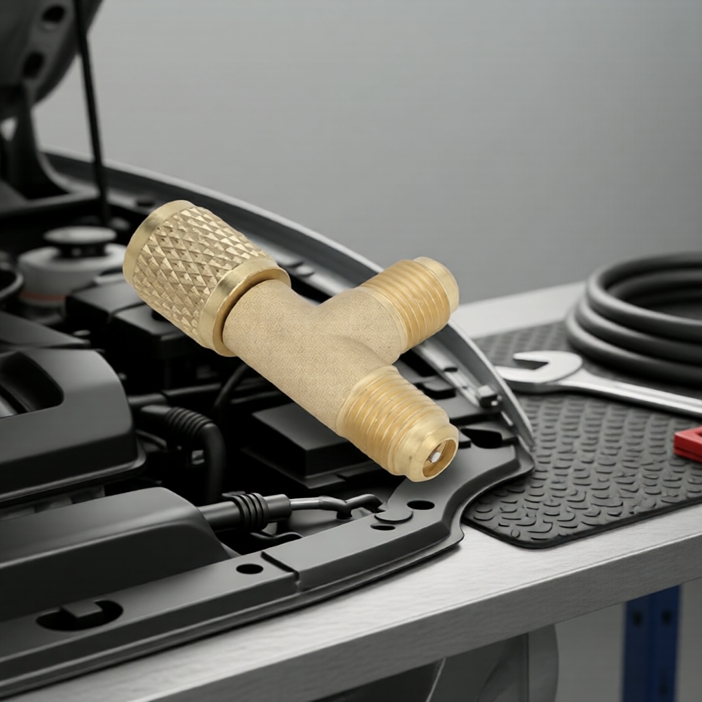 Conector T de Latão 1/4 pol SAE, Válvula de Núcleo para Refrigerante R22 R12 R134