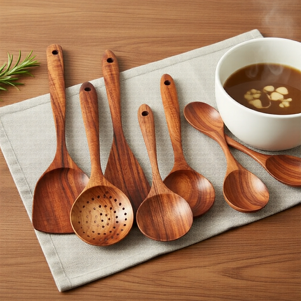Conjunto de 7 utensílios de cozinha de madeira antiaderente - espátula e colher resistentes ao calor para preparo
