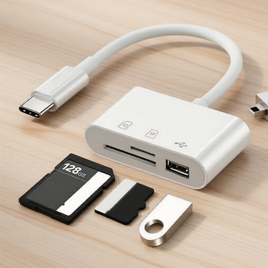 Leitor de cartões USB-C 3 portas SD/TF Adaptador multiporta compatível com iPhone, iPad, MacBook, Galaxy