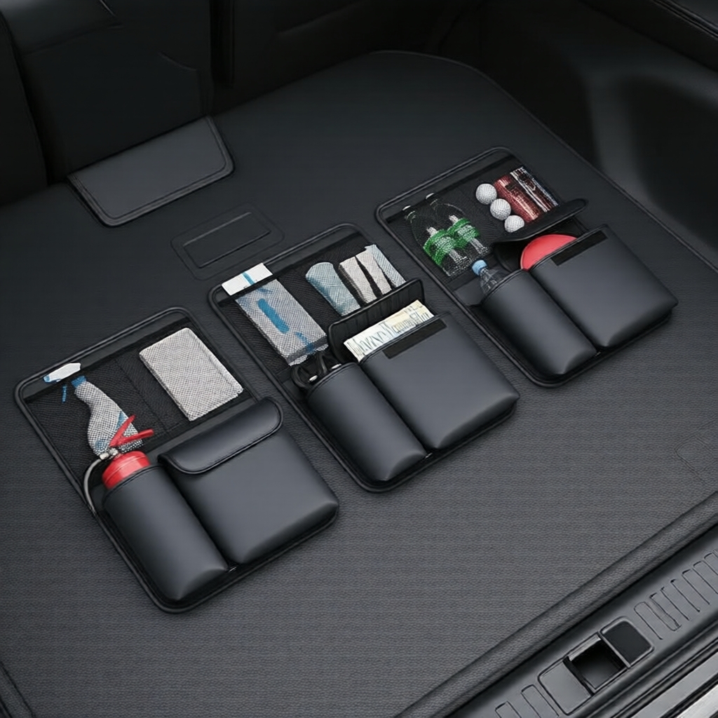 Bolsa organizadora para porta-malas de carro com bolso de rede dobrável, vários compartimentos e divisórias