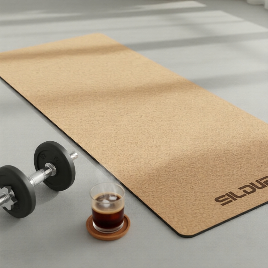 Tapete de Yoga de Cortiça Premium 6 mm, Extra Grande Antiderrapante com Linhas de Alinhamento e Suporte Reforçado
