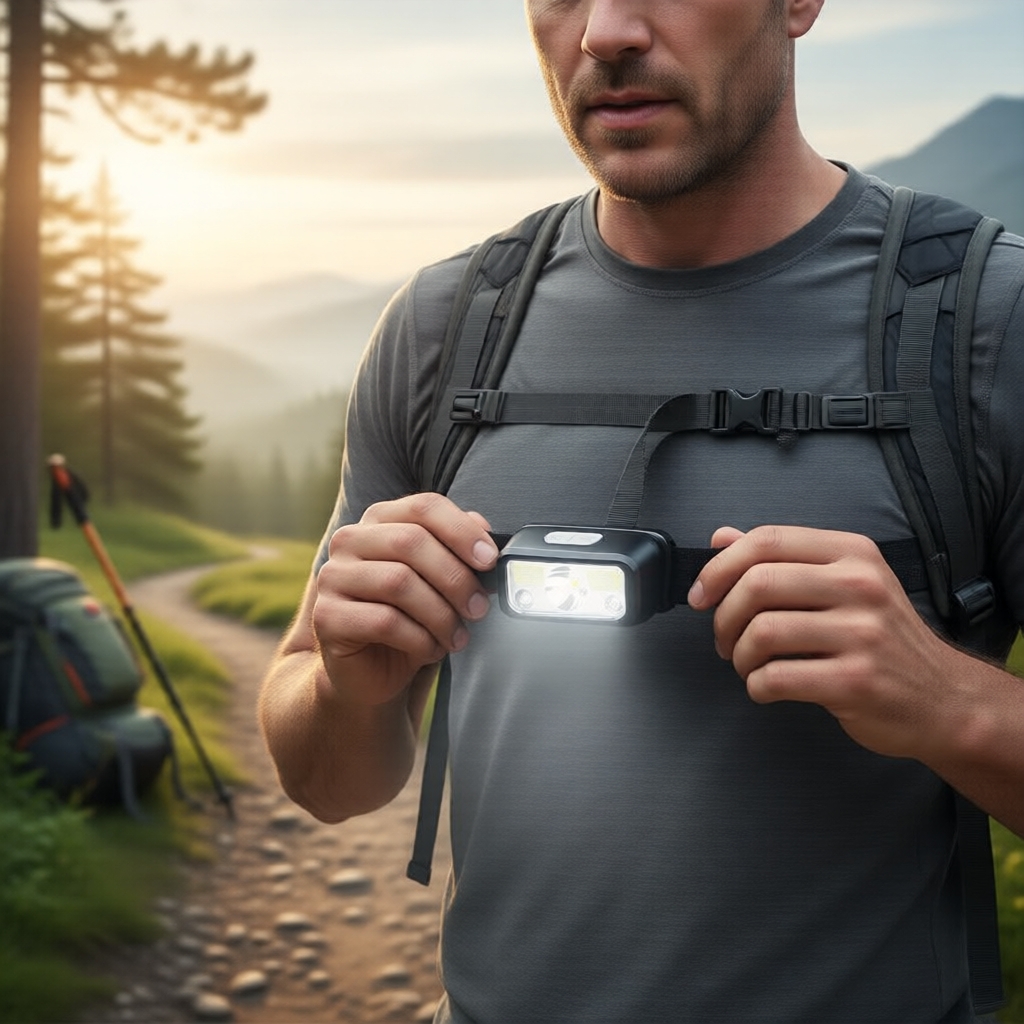 Mini farol LED recarregável via USB mini, resistente à água IPX5, sensor de movimento para aventuras ao ar livre