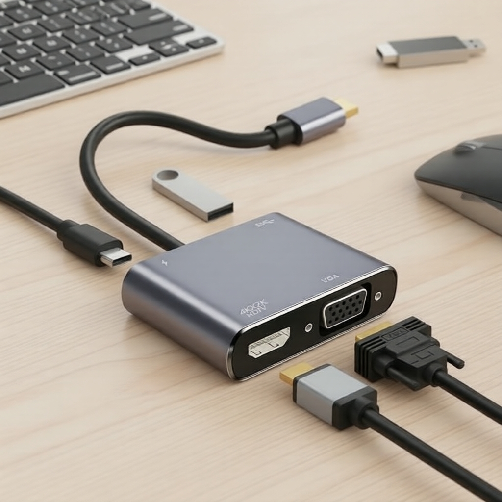 Adaptador Multiportas USB Tipo-C 4K 60Hz: HDMI/VGA + Hub USB, 4 em 1 para Laptops/PCs