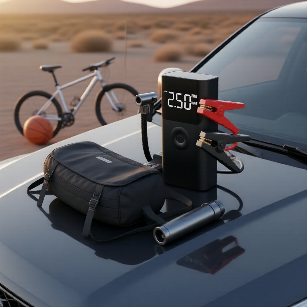 Inflador de pneus 4 em 1 para carro com partida de emergência, proteção contra polaridade invertida com grampos de