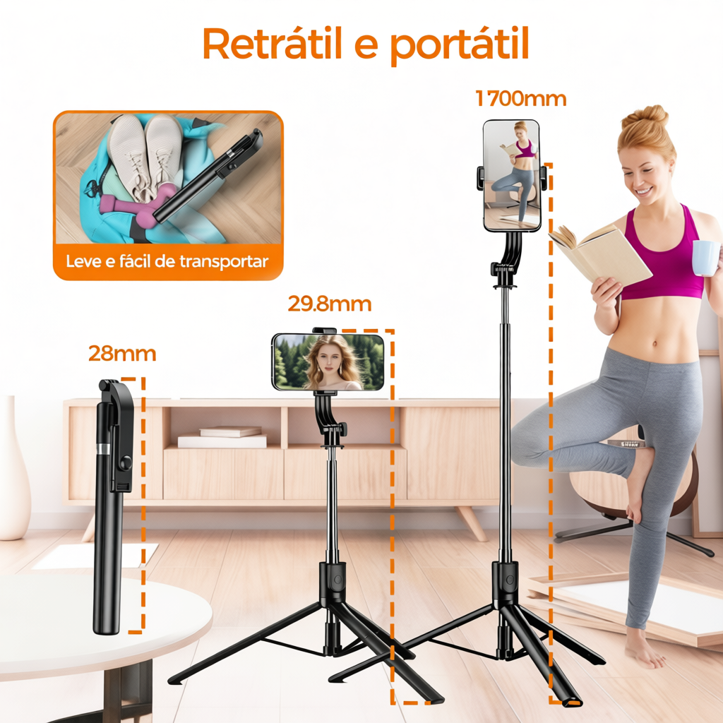 Tripé para Selfie de celular, controle remoto Bluetooth, suporte portátil para viagem de 1.7 m