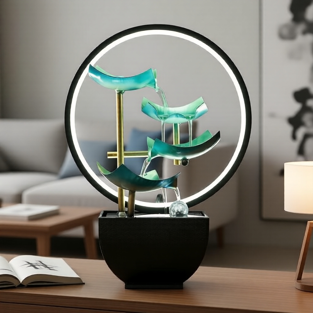 Imagem Luminária de anel para sala de chá Zen, com fonte de água de lótus verde e folhas fluentes, bacia preta para