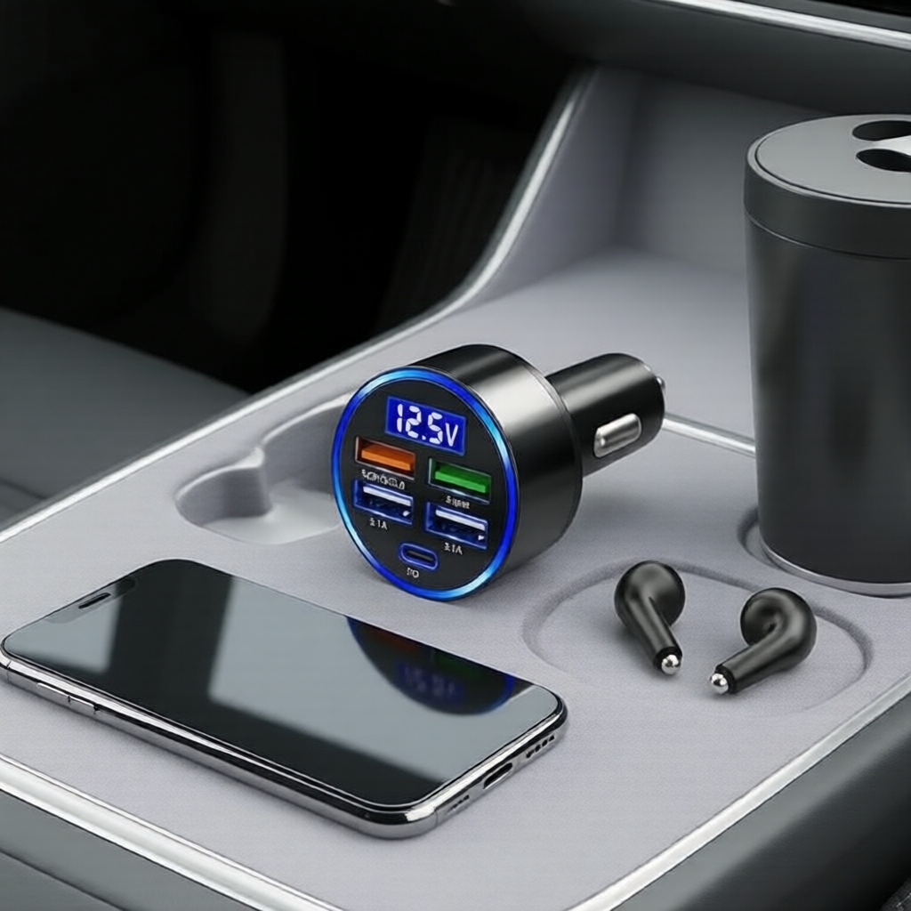 Adaptador Carregador Super Rápido para Carro 12-24V Dual USB-C com Display de Tensão e Divisor de Tomada