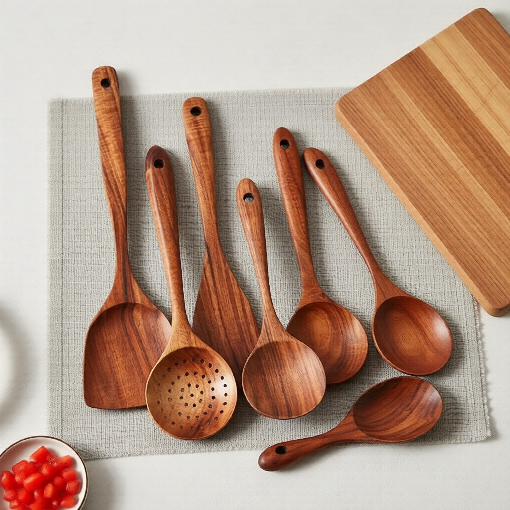 Conjunto de 7 utensílios de cozinha de madeira natural antiaderente e resistente ao calor - espátula, espátula e colher