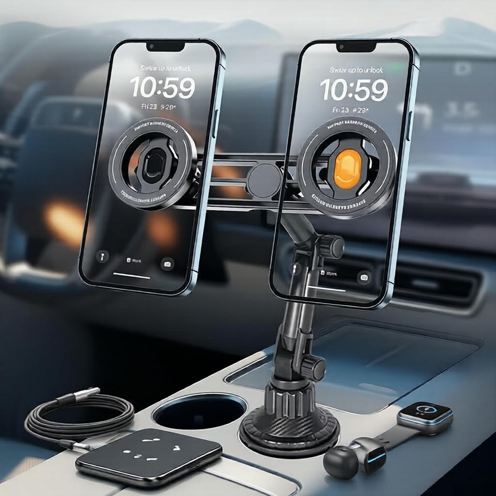 Suporte Veicular Magnético Duplo para Copo de Carro, Braço Longo, Rotação 360°, Base Dupla, Extensível, Inclui Anéis de