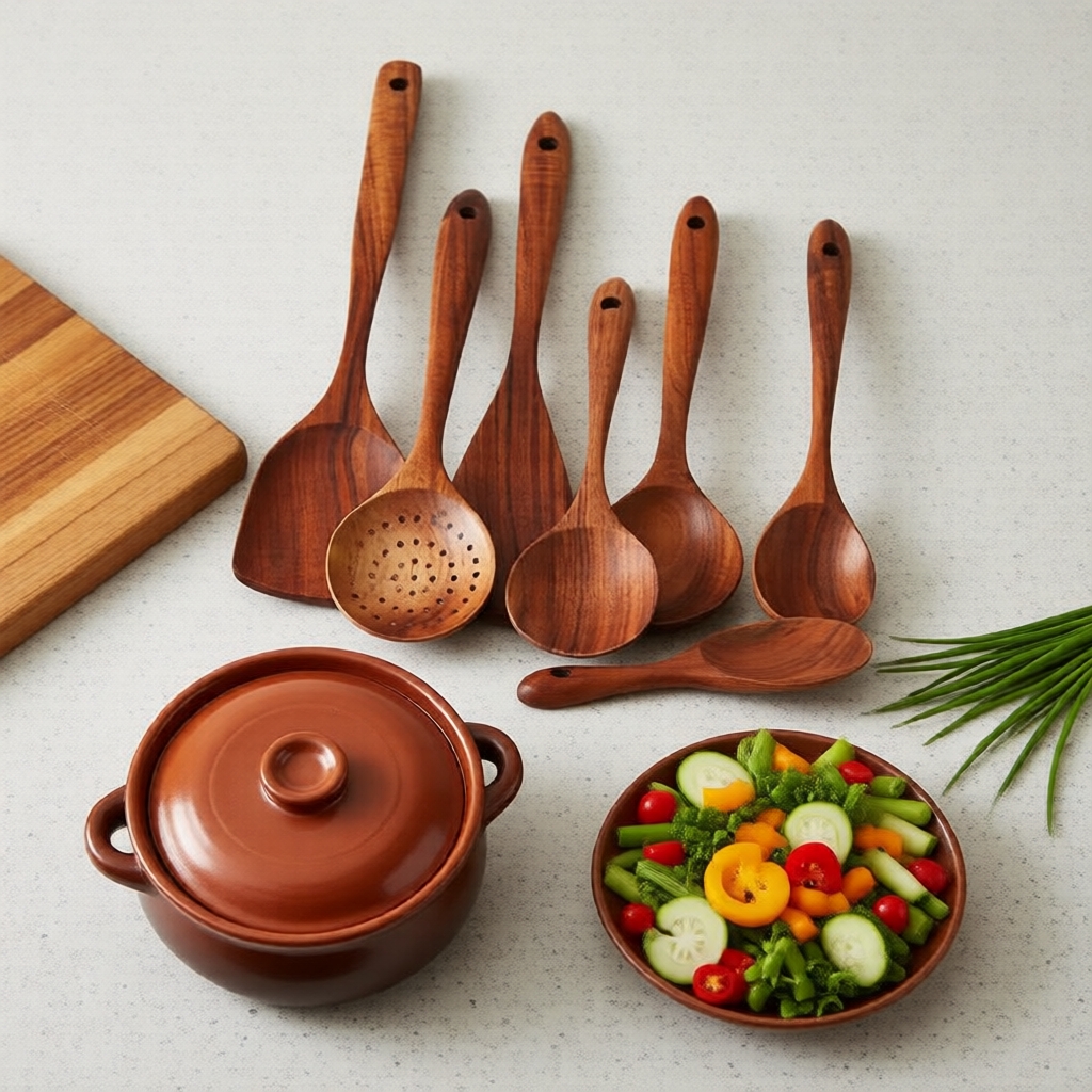 Conjunto de 7 Utensílios de Cozinha de Madeira Natural - Espátula e Colher Resistentes ao Calor e Antiaderentes para