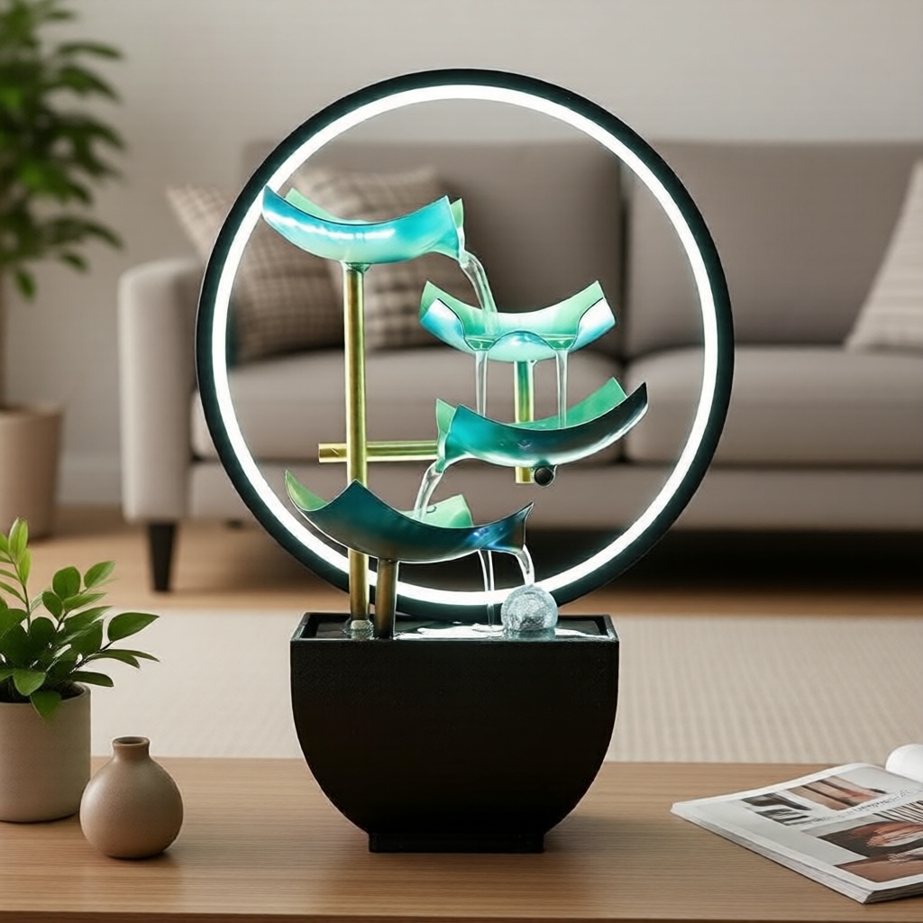 Imagem Luminária de mesa zen com anel de chá, fonte de folhas de lótus verdes com bacia preta, peça decorativa auspiciosa