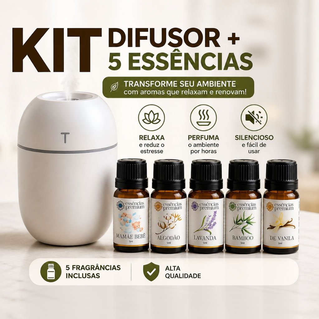 Kit Mini Umidificador Difusor Aromatizador Ambiente Egg com Essências | 1 Umidificador + 5 Essências