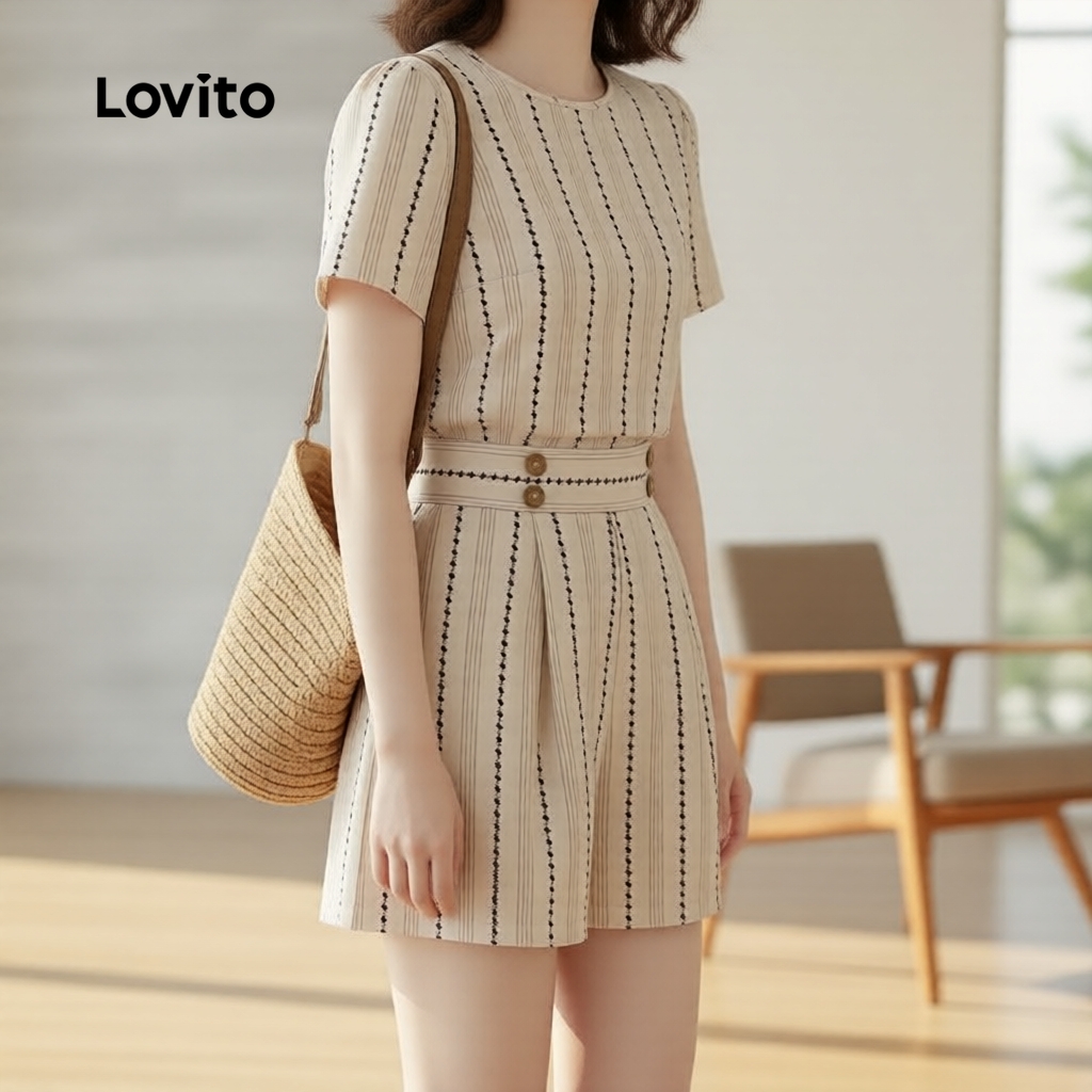Lovito Casual Conjuntos de Shorts Femininos Botão Cáqui Primavera Verão L171ED40