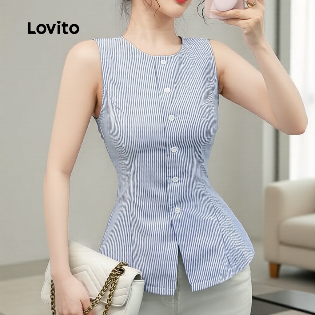 Lovito Casual Top Feminino Azul para Primavera/Verão L172ED1654 em Oferta na Shopee