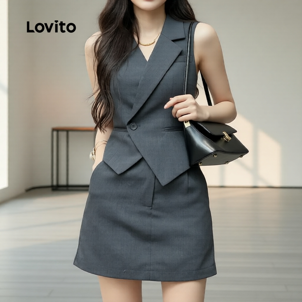 (Elegante) Lovito Conjuntos de saia primavera/verão conjuntos de saia cinza para mulheres LK3ED074
