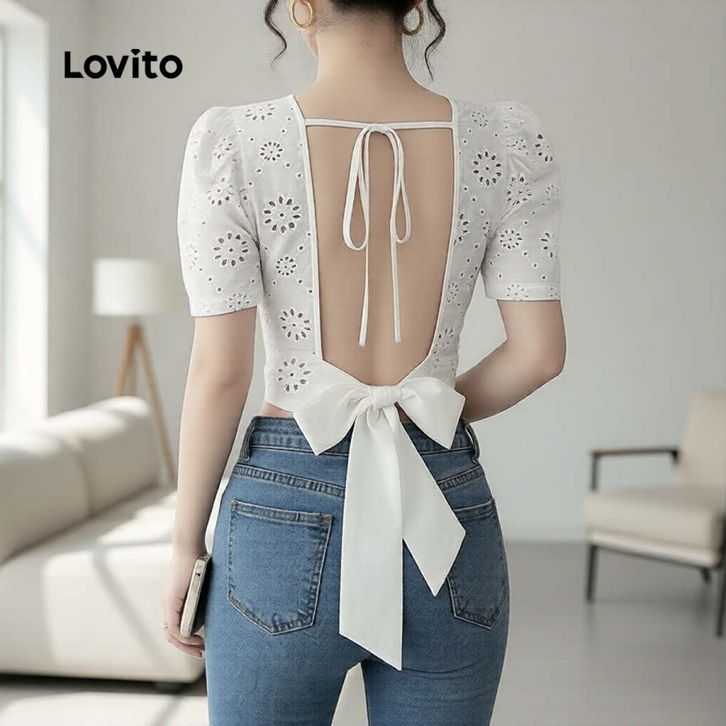 (NEW) Lovito Blusa Casual com Laço Nas Costas Primavera/verão Blusa Branca para Mulheres. L177ED114