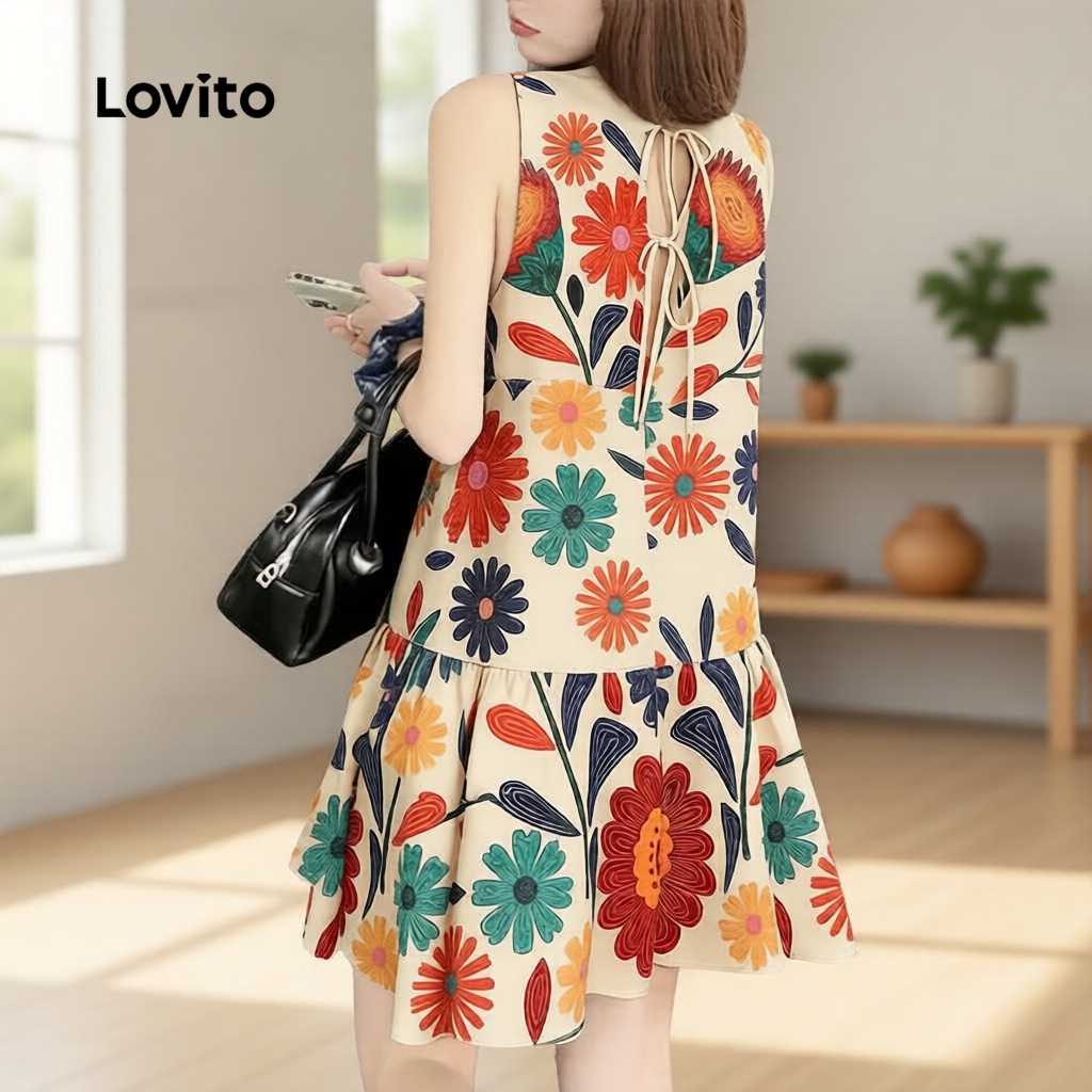 (Férias) Lovito Vestido Estilo Nacional Babado Bainha Laço Costas Primavera/verã