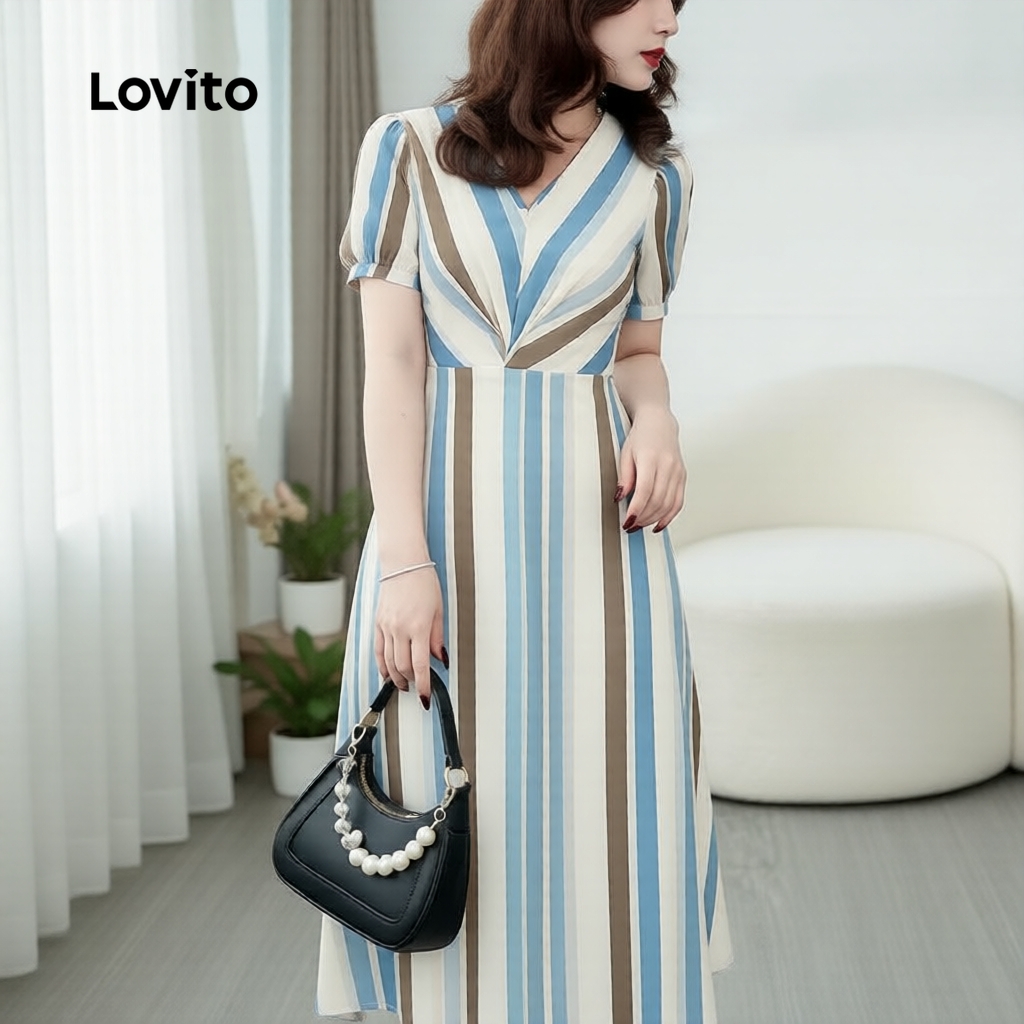 Lovito Casual Vestido Plissado com Listras Crepe Primavera Verão Feminino LBL32079 em Oferta na Shopee