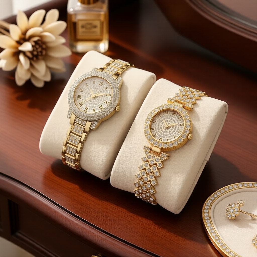 Conjunto de Luxo Feminino com 2 Peças - Relógio e Pulseira com Strass, Pulseira de Aço Inoxidável, Quartzo