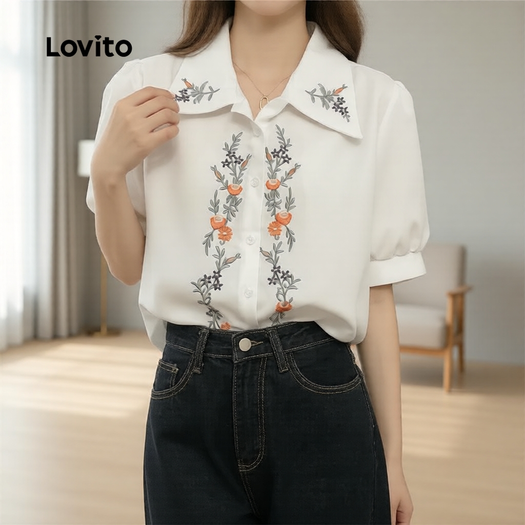 Lovito Blusa Feminina Casual Botão Frente Primavera Verão LBL32123