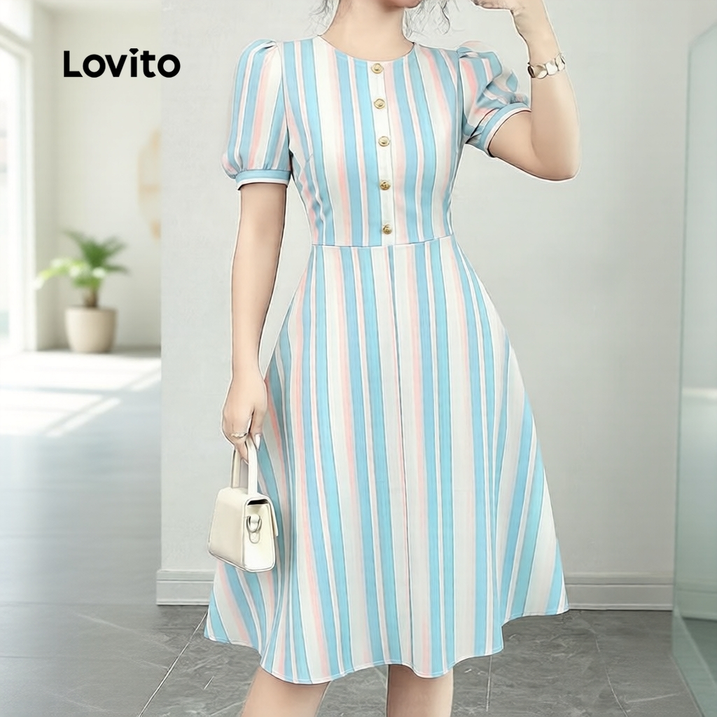 (NEW) Lovito  Vestido Elegante Botão Frontal Zíper Primavera/verão Vestido para Mulheres L172LD1466 em Oferta na Shopee