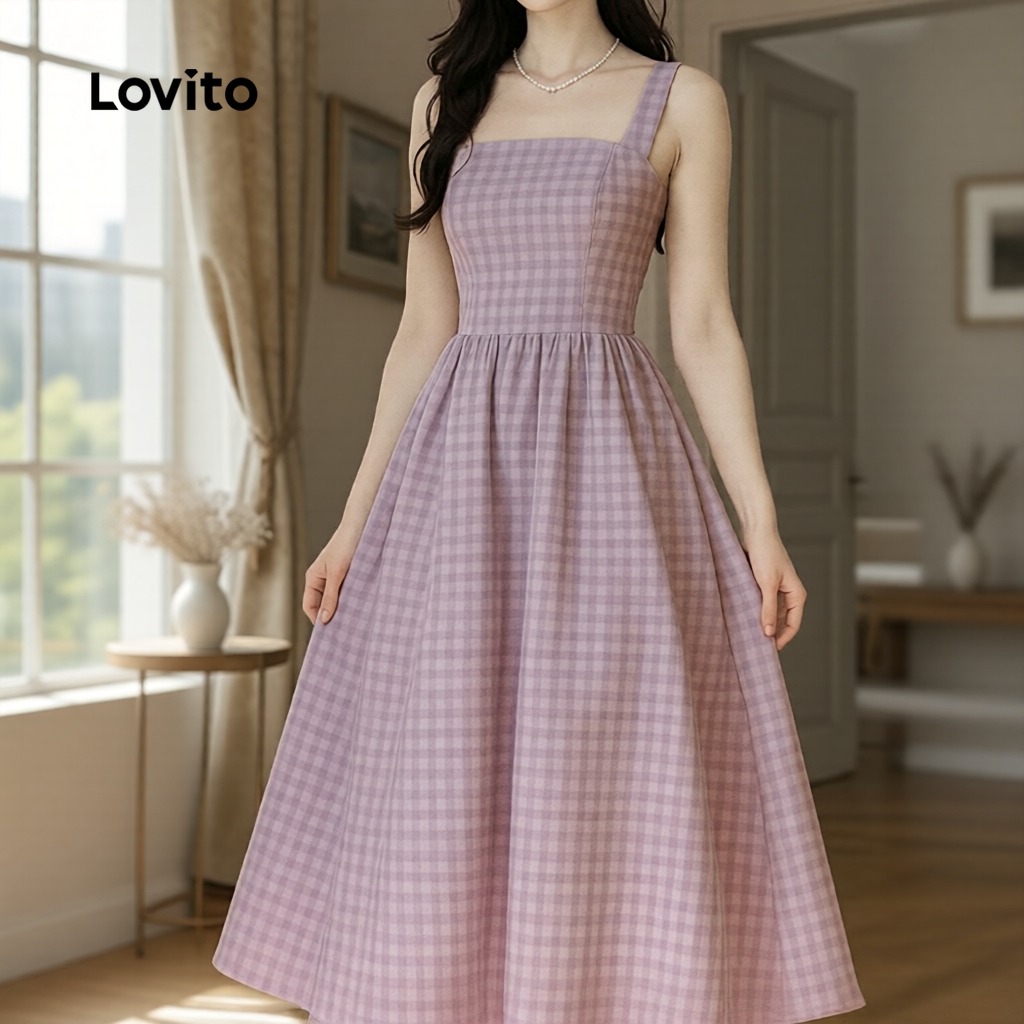 (Elegante) Lovito Vestido Estrutura Linha Zíper Roxo Claro para Mulheres L177AD1
