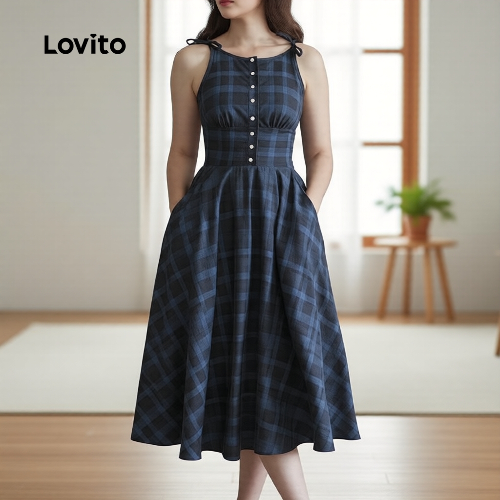 Lovito Vestido Feminino Azul Marinho com Botões Frontais - Elegante para Primavera/Verão L172LD1313 em Oferta na Shopee