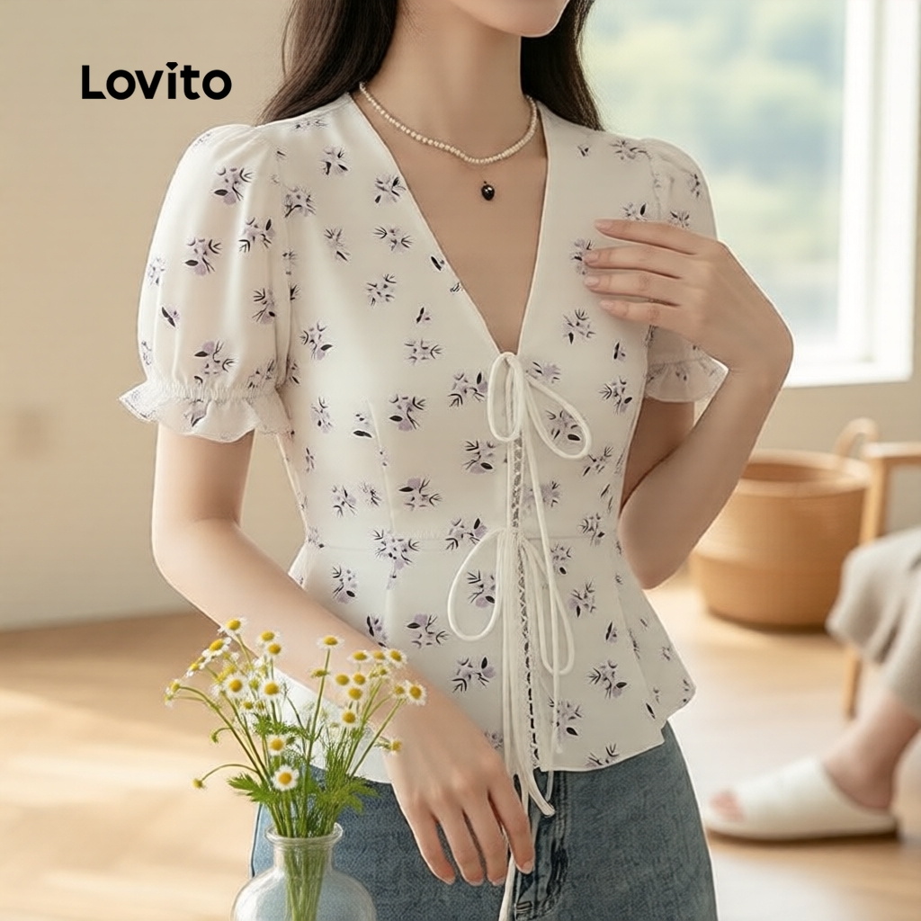 (Casual) Lovito Blusa com Amarração e Estampa Floral Estrutura Linha Primavera/v
