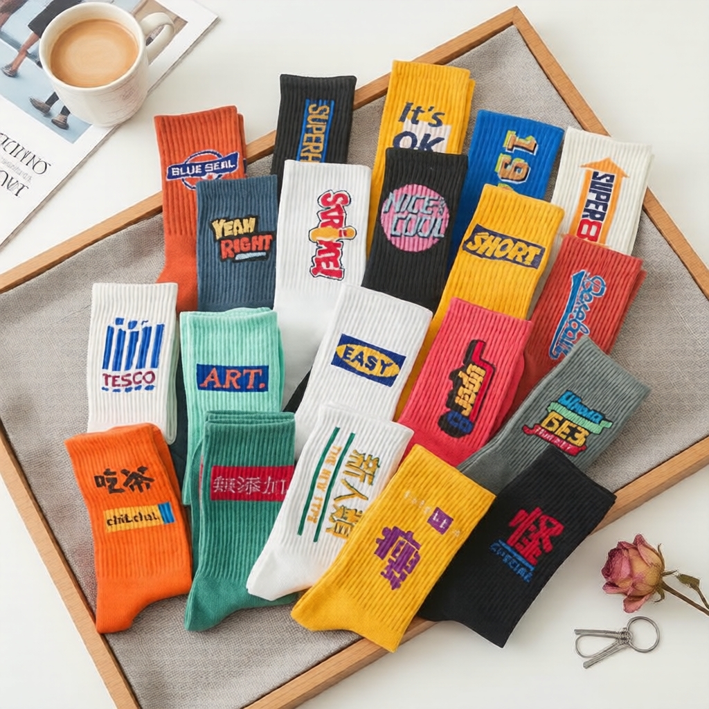 Meias Masculinas Hip-Hop com Letras – Estampa Urbana, Respiráveis e Controle de Umidade (Pacote Aleatório com 4 ou 5