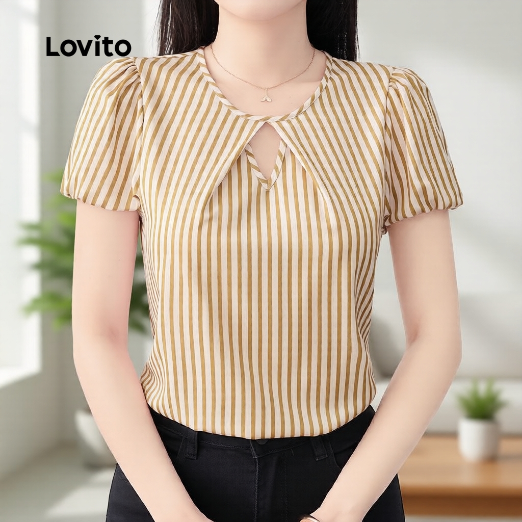 (NEW) Lovito  Blusa Elegante Corte Gota Clássica e Versátil Primavera/verão Khaki para Mulheres L172LD1766 em Oferta na Shopee