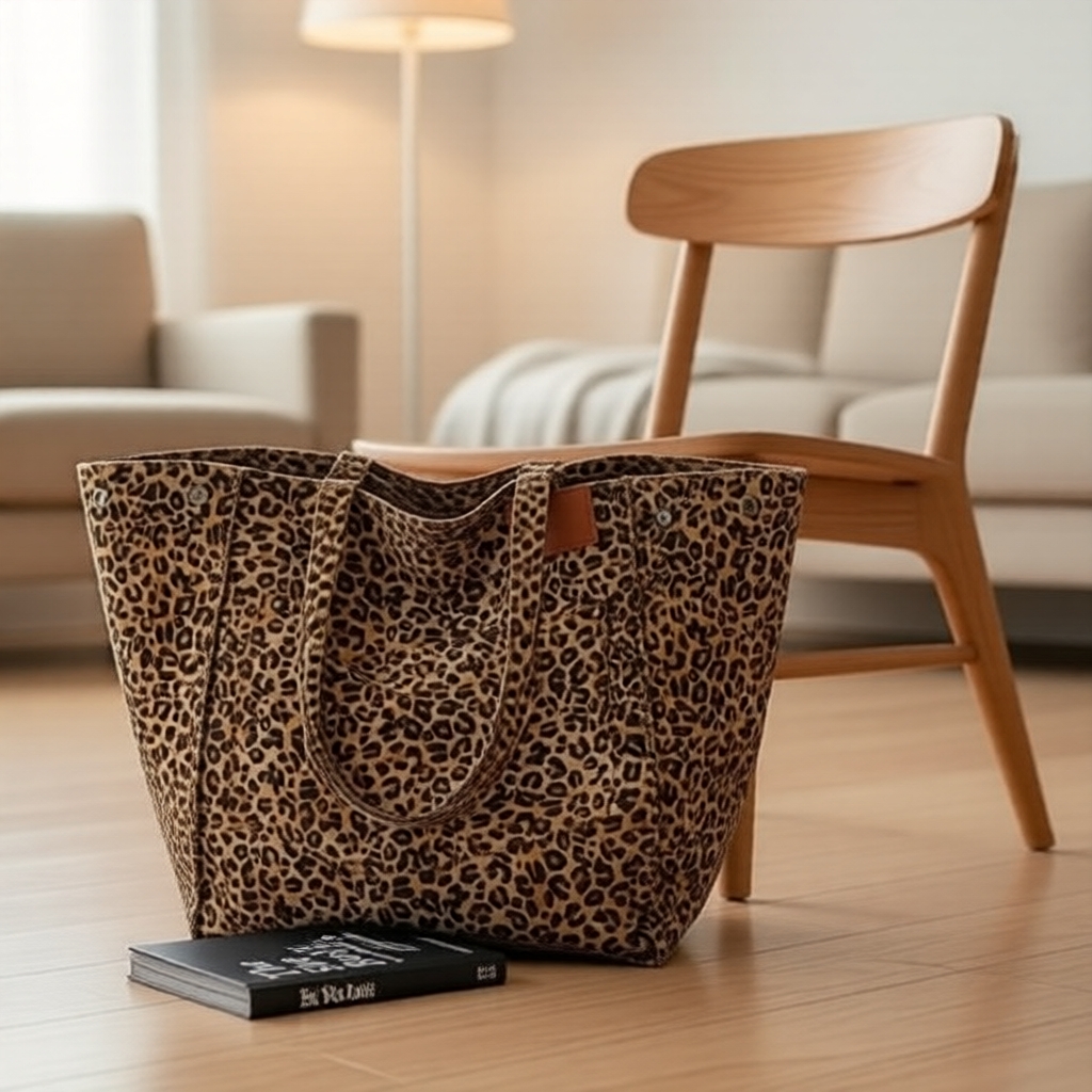 Bolsa Tote de Ombro em Lona Vintage com Estampa de Leopardo - Grande Capacidade para Escola, Trabalho e Compras