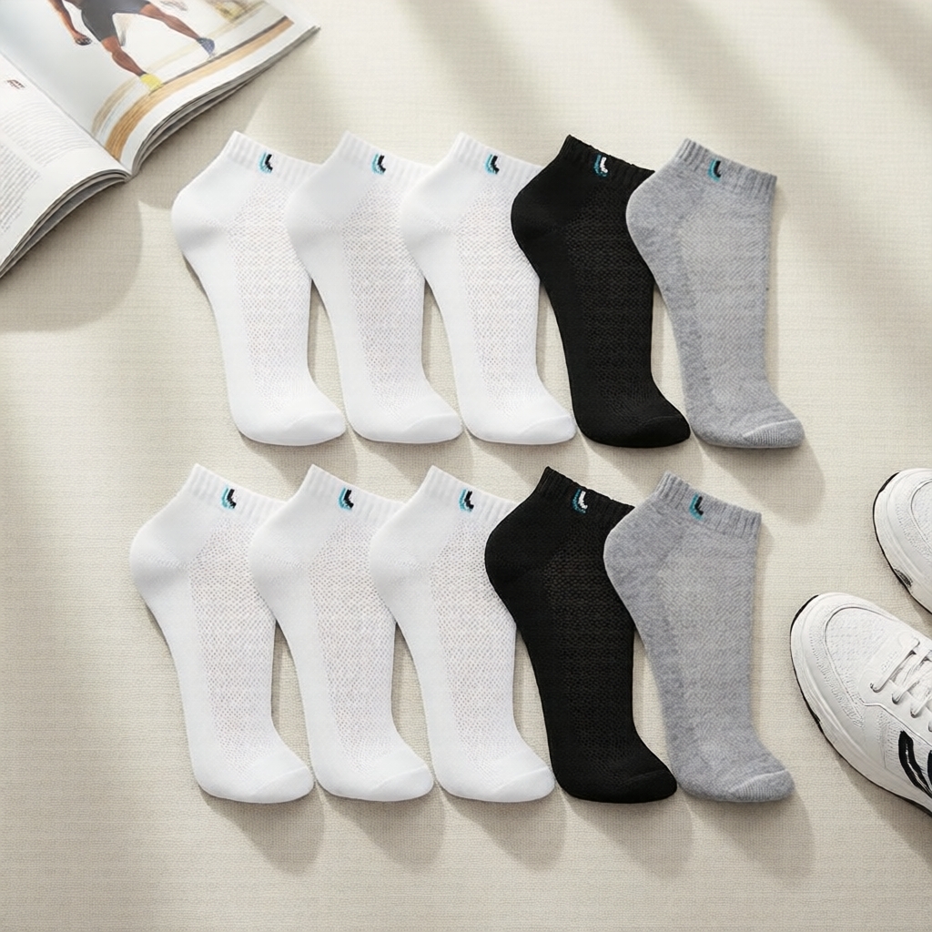  Pacote com 10 Meias Invisíveis de Algodão Respiráveis para Homens e Mulheres, Malha Respirável, Preto/Branco/Cinza