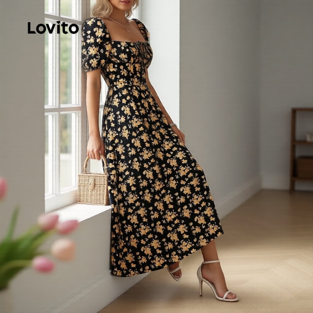 Lovito Vestido Boho com abertura frontal e amarração Vestido feminino para Primavera/Verão LBL30283 em Oferta na Shopee