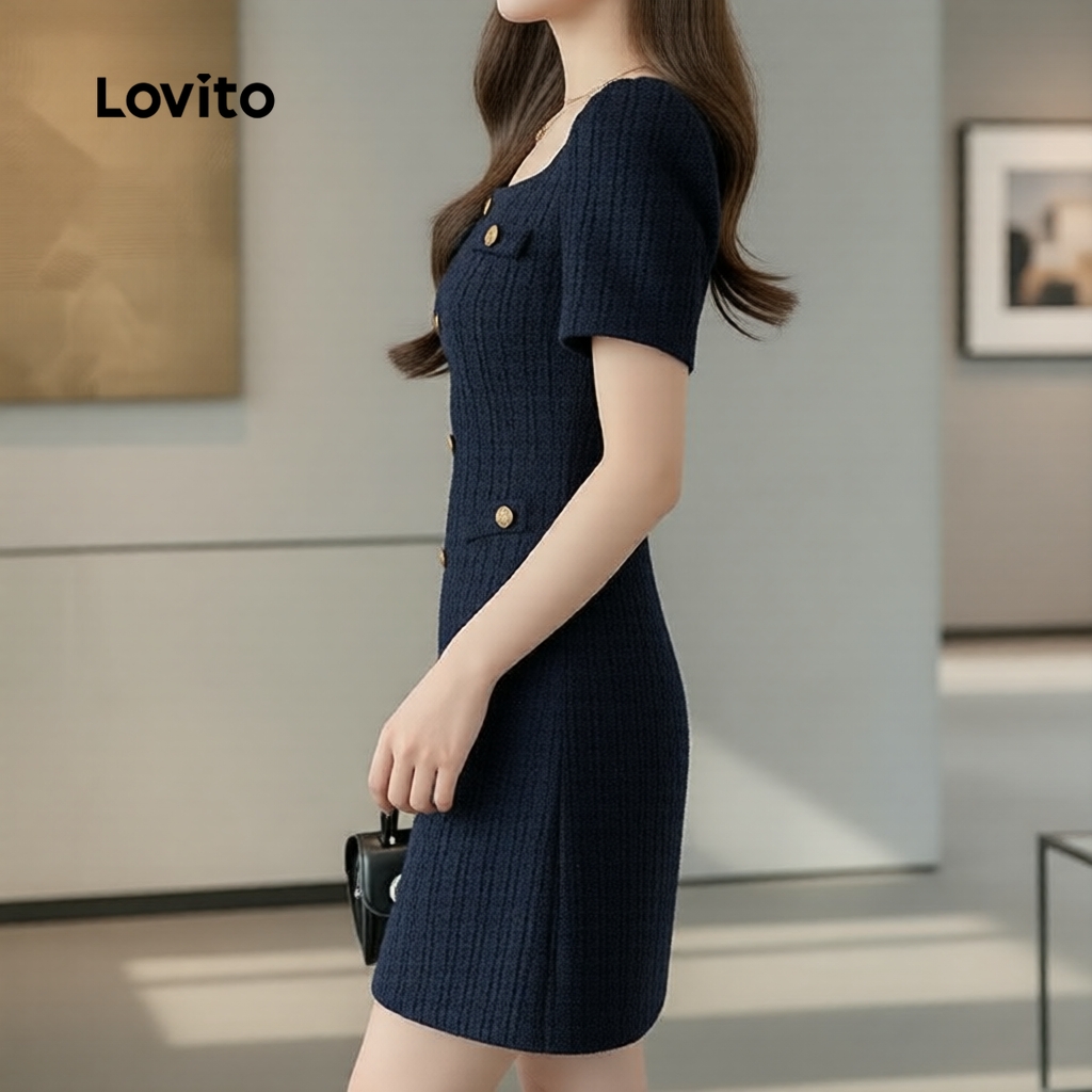 Lovito Elegant Vestido Feminino Preto Primavera Verão Botões Inspirado Chanel LK2ED1279