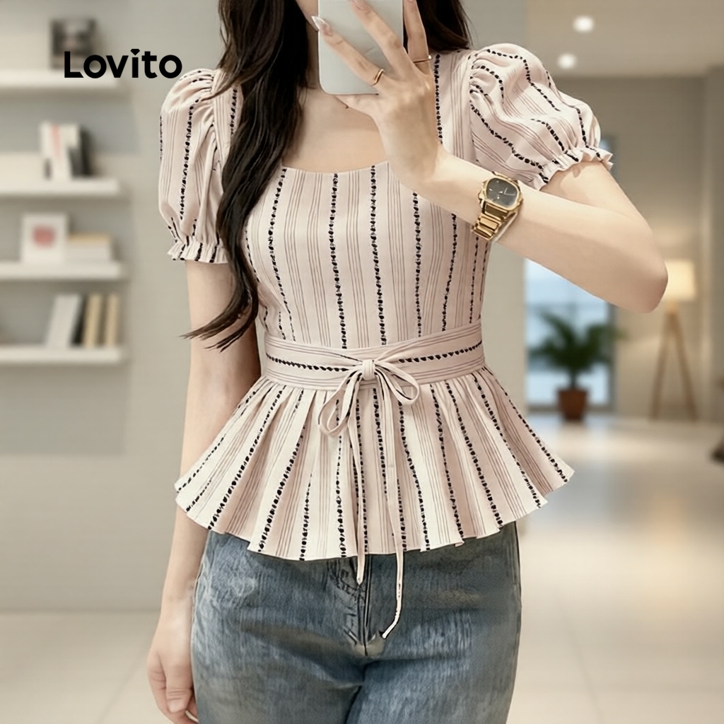 (Casual) Lovito Blusa com Barra Linha Estruturada para Primavera/verão para Mulh