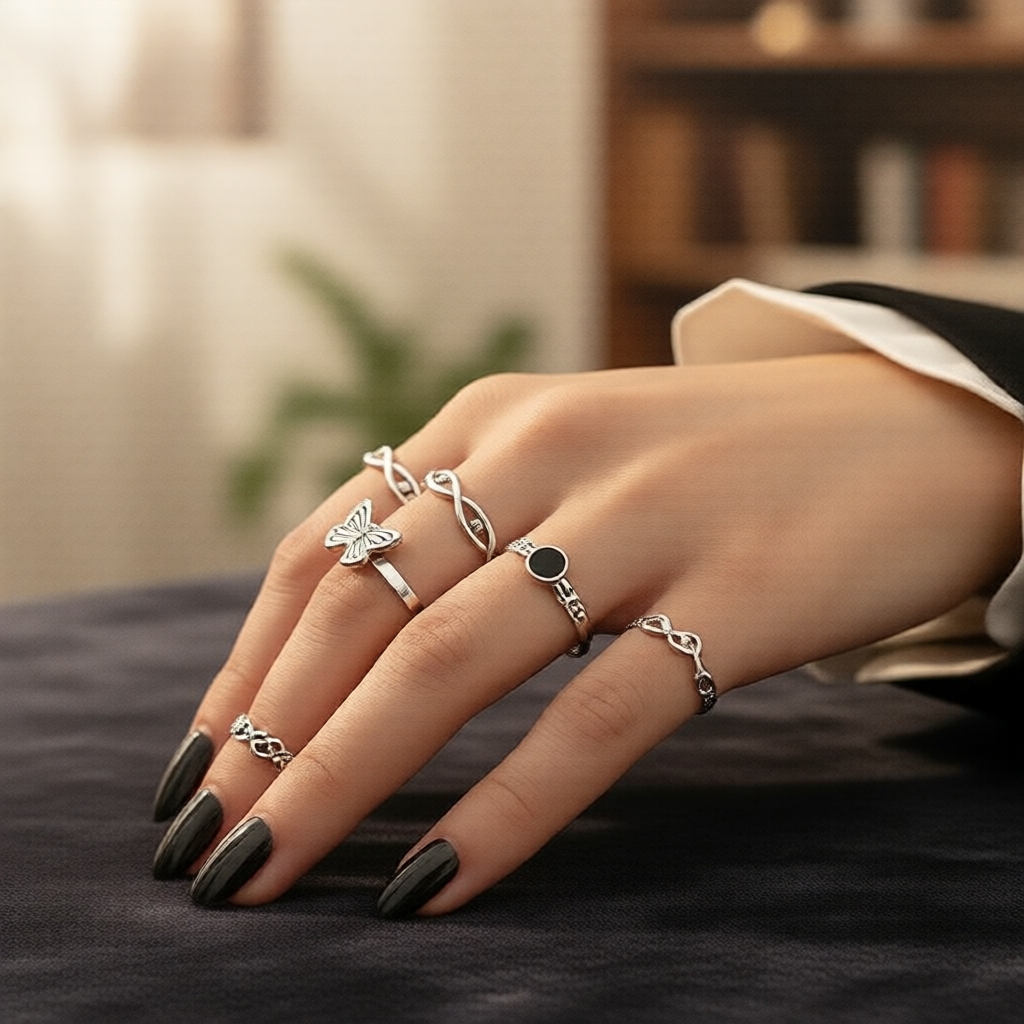 Conjunto de Anéis de Hip Hop Retro Preto e Prata com 11 Peças, Borboleta e Cobra, para Mulheres