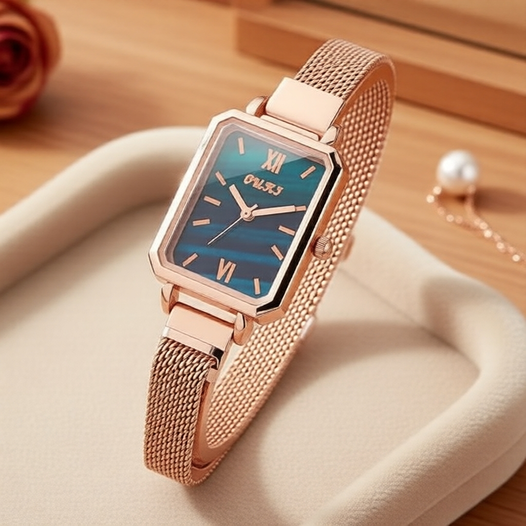 W0191 Relógio feminino analógico retangular dourado rosê com fecho magnético