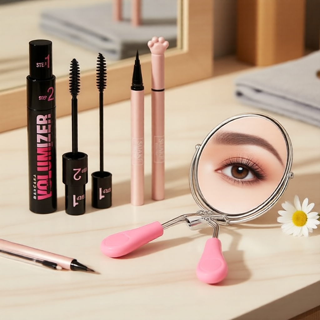 Kit de Maquiagem de Olhos 3 em 1 à Prova d'Água: Curvador de Cílios, Máscara e Delineador com Lápis para Sobrancelha,