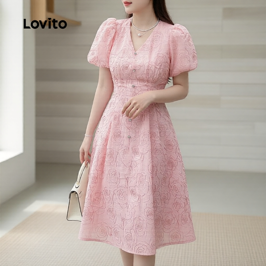 Lovito Vestido Feminino Elegante Plissado para Primavera Verão Cinza Rosa L172ED1827 em Oferta na Shopee